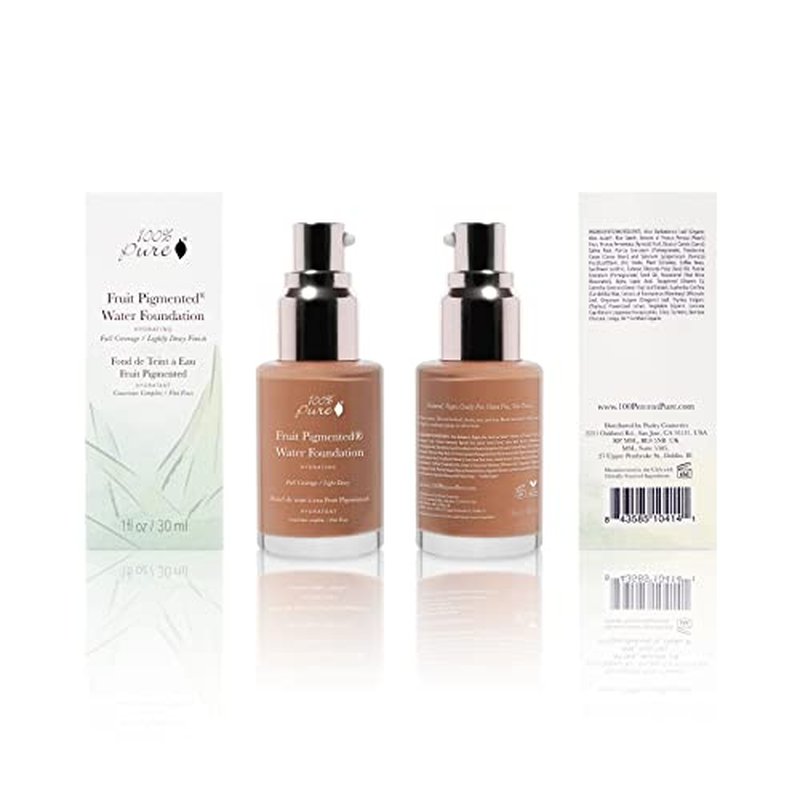 100% PURE Water Foundation Full Coverage Hydrating Makeup, Light Dewy Finish, Moisturizing Concealer for Normal to Dry Skin, Fruit Pigment Color Warm 6.0 w/Peachy Undertones for Tan Skin - 1 Fl Oz