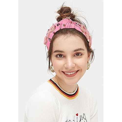 Pink Knotted Headband Sparkly Rhinestone Breast Cancer Awareness Knot Headband Crystal Jeweled Pink Ribbon Fright Beaded Twist Hairband Headpiece Breast Cancer Awareness Hair Accessories Gift for