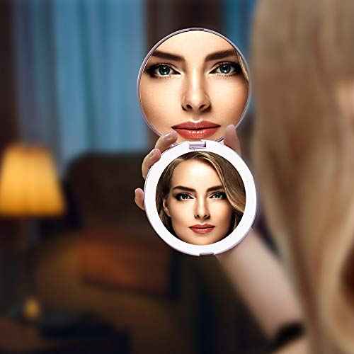 Benbilry LED Lighted Compact Travel Makeup Mirror with Lights, 1x/7x Magnification, 5 Inch Dual Sided Portable Illuminated ? Perfect for Handbag