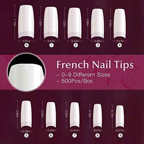 krofaue 500PCS Half Cover False Nails Tips - Acrylic Nail Tips 10 Sizes Lady French Style Acrylic Artificial Tip Manicure with Box for Nail Tips Art Salons and Home DIY