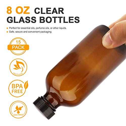 8oz Durable Glass Bottle, Reusable Glass Bottles with Airtight Lid for Shampoo, Conditioner, Essential Oils, Set of 20 (Brown)
