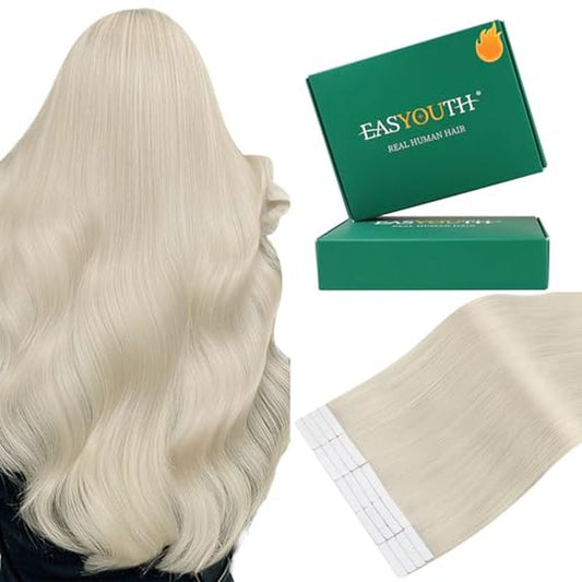 Easyouth 24 Inch Blonde Tape in Hair Extensions Remy Human Hair Tape in Extensions White Blonde Tapes Hair Extension Real Human Hair for Long Straight Hair 20Pcs 50G
