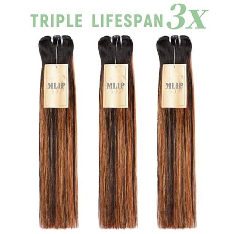 mlip Raw Bundles Human Hair Straight, No Tangle Shedding, Keep Texture Silky Soft After Multiple Washes, 15A Raw Indian Hair Bundles 12 Inches, Brown Highlight Bundles
