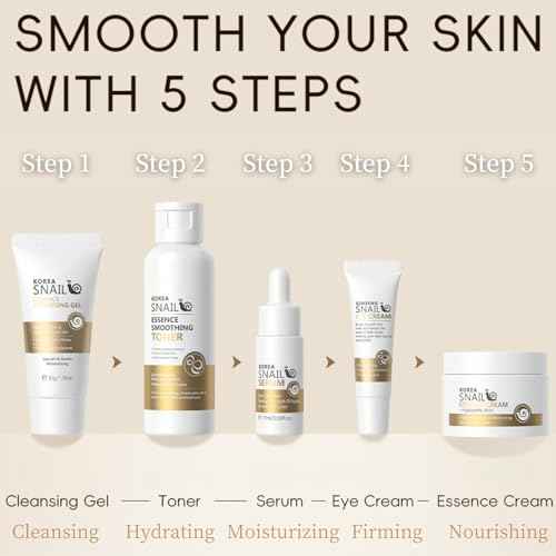 Korean Skin Care Set Snail Women Gifts - Skin Care Kit Moisturizing - 5PCS Skincare Set - Firming Skincare Gift Set - Travel Essentials - with Cleansing Gel, Toner, Serum, Eye Cream, Essence Cream