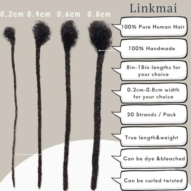 0.2-0.8cm Locs 8-18 I nch 20 Strands 100% Real Human Hair Dreadlock Extensions for Man/Women Permanent Loc Extensions Bundles Can Be Dyed Bleached Curled & Twisted (0.8CM, 1B, 16 INCH)