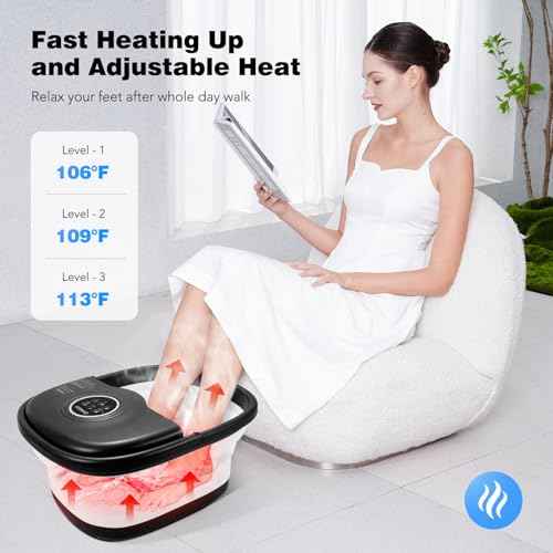 KNQZE Collapsible Foot Spa Bath with Heat, Remote Control, Temperature Control, Bubbles, Pumice Stone, Red Light, Timer, 16 Massage Roller Pedicure Foot Spa Foot Soaker for Soothe & Relax Tired Feet