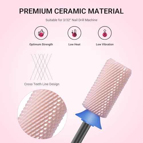 MelodySusie Ceramic Nail Drill Bits, 3/32'' Chamfer Flat Top Large Barrel Bits, Fast Remove Acrylic or Hard Gel, Nail Tool for Manicure Pedicure, Salon Home, Professional or Beginner, Pink, Medium