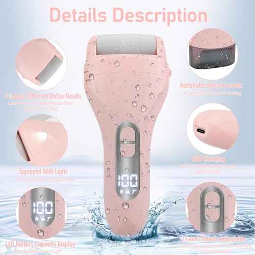 Callus Remover for Feet - with Larger Grinding Head, Electric Portable Pedicure Kit Foot File Callus Remover, Rechargeable Waterproof Foot File for Foot Care Deadskin Remover LCD Display-Pink