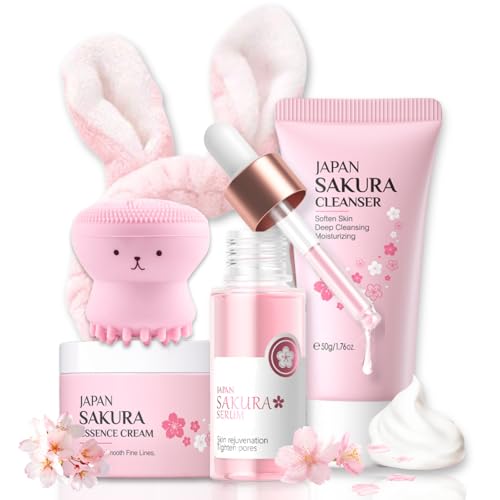 Skincare Set Sakura Teen Girls Gifts - Skin Care Set - Skincare for Teens 10-12 Hydrating - Travel Size Facial Kit for Women with Cleanser,Serum,Cream,Bunny Headband,Cleansing Brush£¨5pcs£©