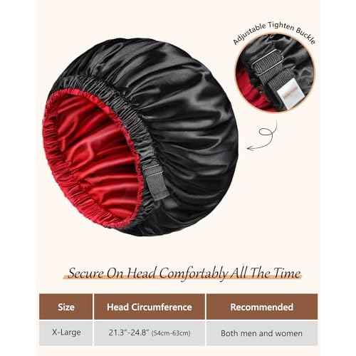 mikimini Satin Bonnet for Men and Women, Reversible Double Layer Sleeping Bonnet for Hair Braids with Anti-slip Adjustable Elastic Band Super Soft (XL, Black/Red)