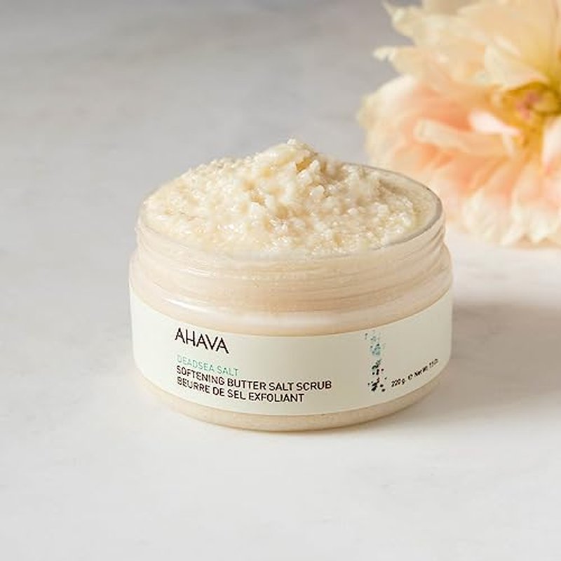 AHAVA Dead Sea Salt Softening Butter Salt Scrub - Rich, Buttery Body Scrub for Smooth, Radiant Skin, Energizes Sensation for Body & Mind, with exclusive Osmoter, Jojoba & Coconut Oil, 7.5 Fl.Oz