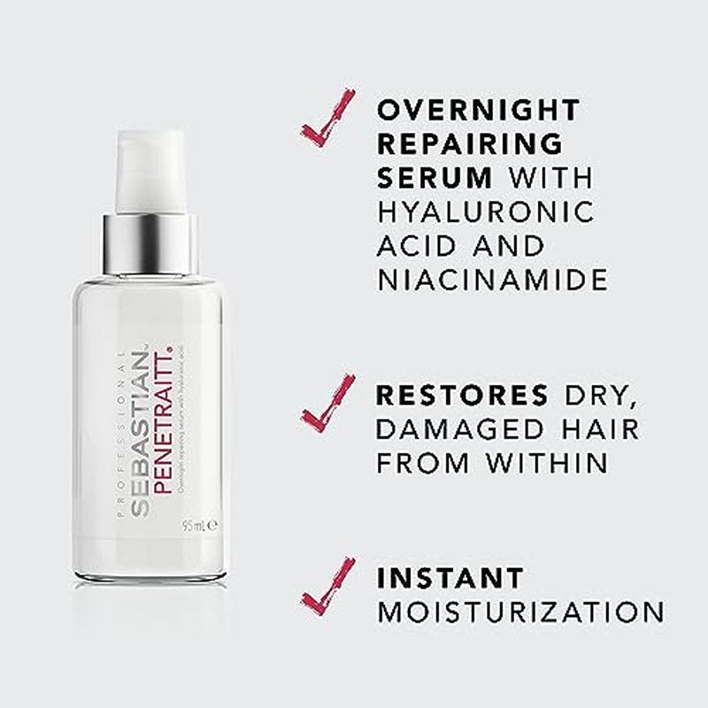 Sebastian Professional Penetraitt Overnight Repair Serum with Hyaluronic Acid & Niacinamide | Moisturizing Leave-in Treatment for Dry, Damaged Hair | 3.2 fl oz