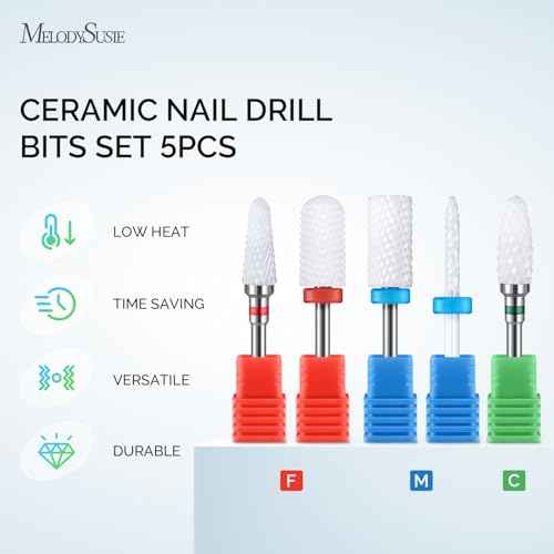MelodySusie Ceramic Nail Drill Bits Set, 3/32'' (2.35mm) Professional Acrylic Nail File Drill Bit for Manicure Pedicure Cuticle Gel Nail Polishing 5Pcs