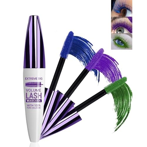 5D Colored Mascara for Eyelashes-3 Colors Blue Purple Green Longlasting Waterproof Mascara Volume and Length,Curling Fiber rimel de pesta?as,Thanksgiving Cosplay Eye Makeup Gift for Women Girl