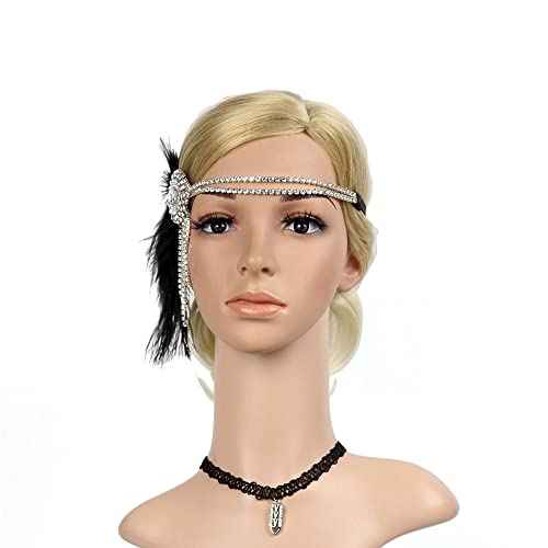 Flapper Headbands for Women 1920s Feather Headpiece Great Gatsby Roaring 20s Hair Accessories Crystal Elastic Rhinestone (Black)