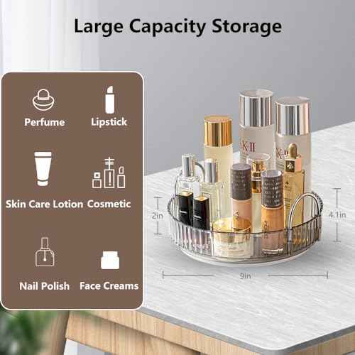 Rotating Makeup Organizer for Vanity, Spinning Cosmetics Storage for Bathroom Countertop, Skincare Holder Rack for Facial Cream, Perfume, Lotion, Lipstick (1 Tier, Smoky Grey)