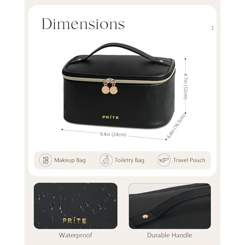 Prite Makeup Bag Portable Cosmetic Organizer with Brush Holder Waterproof Travel Toiletry Bag for Women with Handle and Divider (Black)