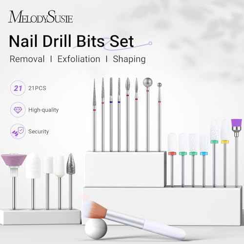 MelodySusie 21pcs Nail Drill Bit Set, Professional 3/32'' Ceramic Diamond Carbide Acrylic Gel Nail Art Tool Kit, Cuticle Remover Bit for Acrylic Gel Dip Powder, Nail Manicure Pedicure, Salon Home