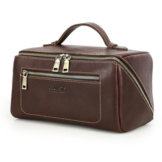 CONTACTS Full Grain Leather Travel Toiletry Bag for Men Large Wash Bag with Handle Bathroom Shaving Dopp Kit Toiletries Organizer Vintage Cosmetic Bag