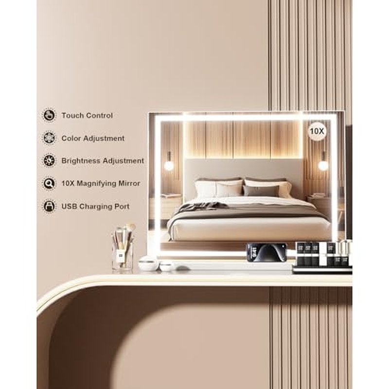 Vanity Mirror with Lights, 23" x 18" Makeup Mirror, Lighted Makeup Mirror with 3 Color Modes & Adjustable Brightness, Detachable 10x Magnification and USB Charging Design (White)