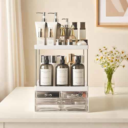 Bathroom Organizers and Storage, 5-Tier 4-Drawer Makeup Organizer Countertop, Multi-Purpose Large Makeup Vanity Organizer, Hair Product, Perfume & Skincare Storage, White