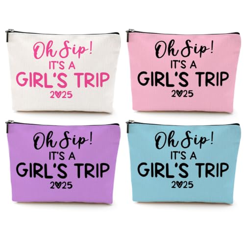 4 Pcs Girl Trip 2025 Makeup Bag Funny Girls Trip Gifts Favors Girls Weekend Gifts Weekender Bag Summer Vacation Birthday Christmas Cosmetic Bag Bachelorette Party Friendship Gifts for Women BFF Friend
