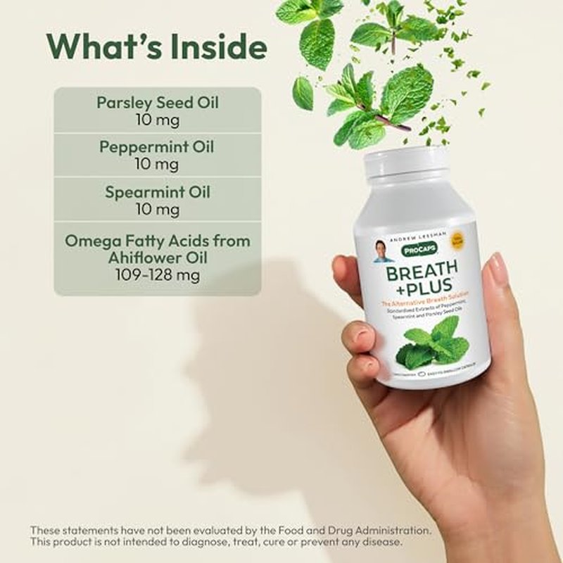 ANDREW LESSMAN Breath Plus 360 Softgels - Natural Breath Freshener, Helps Eliminate Odors from Food, Smoking, Morning Breath from The Inside Out. Peppermint, Spearmint. Easy to Swallow Softgels