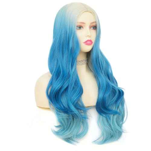Blonde Blue Long Curly Wigs for Women 26 Inch Wavy Synthetic Middle Part Colourful Hair Wigs for Halloween Cosplay Use