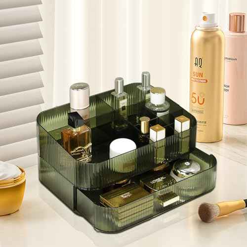 Makeup Organizer with Stackable Drawer, Large Capacity Vanity Organizer for Dresser Bathroom Countertop, Cosmetics Organizer and Display Case for Skincare, Perfume, Makeup Brushes, Lipsticks, Green