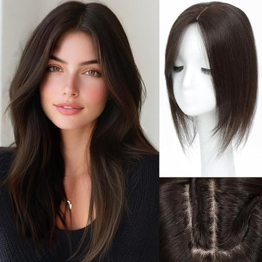 Hair Toppers for Women Real Human Hair, 360¡Æ 3D Human Hair Toppers for Women with Thinning Hair Upgrade Middle Part Clip in Bangs (Medium Dark Brown, 14 Inch-3D-Side)