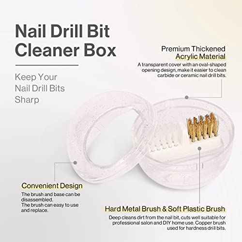 MelodySusie Nail Drill Bits Cleaner Brush Case Accessories with Clear Cover for Cleaning Tungsten Carbide Ceramic Nail Drill Bits Cuticle, Steel Wire & Nylon Double Brush - White
