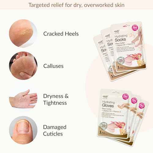 Epielle Hydrating Hand & Foot Masks for Dry, Overworked Skin, Self Care Gifts for Women, Spa Kit, Stocking Stuffers, Thanksgiving Essentials, 6 Moisturizing Gloves & 6 Moisturizing Socks
