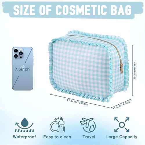 Gingham Ruffle Makeup Bag,Large Travel Cute Cosmetic Bag for Women Girls,Toiletry Bag Make up Organizer 10.8 x 4.5 x 8 inch (Mint Gingham)