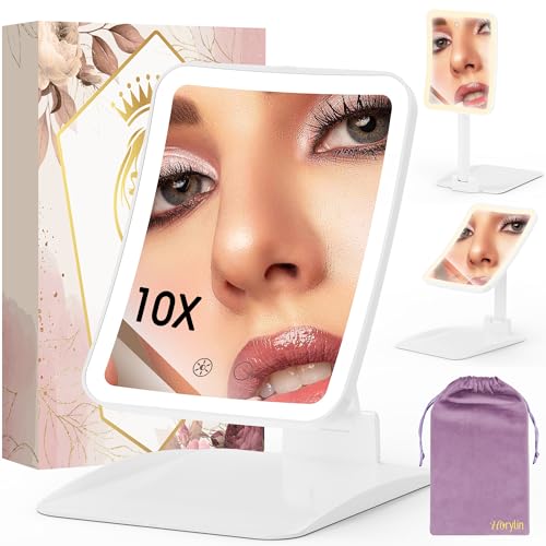 Travel Makeup Mirror with Lights and Magnification 10X, Upgraded Triple-Fold Portable Magnifying Mirror, Adjustable Height/Angle Desk Mirrors with 3-Color Dimmable LED Vanity Mirror, White