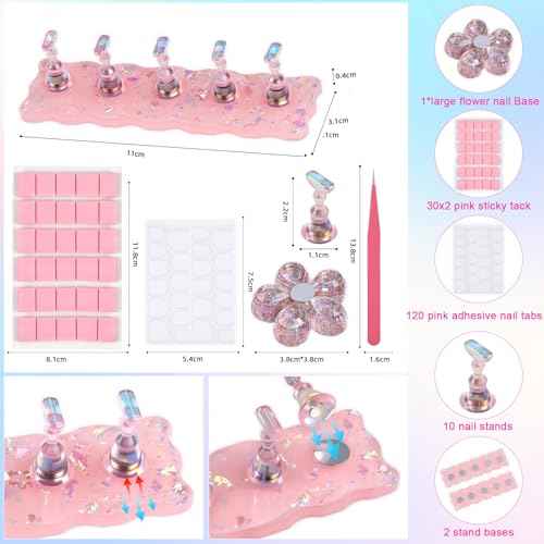 Pink Nail Stand for Press Ons - 2 Nail Holder for Painting Nails 10 Nail Stands 60 Sticky Tack 120 Adhesive Nail Tabs 1 Flower Nail Base - Press on Nail Stand Practice for Home Salon Supplies