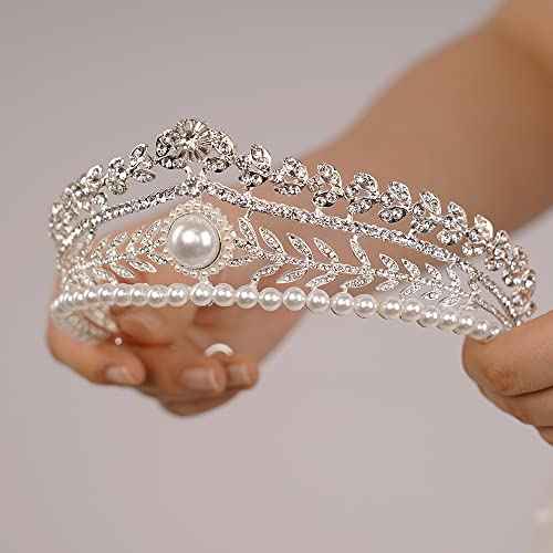 JWICOS Tiaras and Crowns for Women Pearl Wedding Tiara for Bride Baroque Queen Crown Rhinestone Hair Accessories for Birthday Pageant Prom