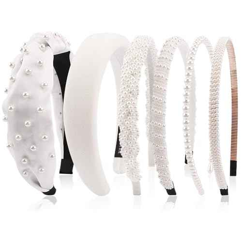 TODDER 6PCS Pearl Headbands for Women, Bridal Hair Accessories White Headband Cute Fashion Elegant Bride Headbands for Wedding, Party, Prom and Birthday