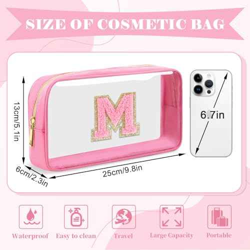 Personalized Initial Letter Clear Makeup Bag,Preppy Small Nylon&PVC Cosmetic Zipper Bag with Chenille Letter,Portable Beach Travel Skincare Toiletry Bag,Trendy Monogram Gift for Teen Girls Women,M