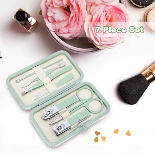 Manicure Set-Stainless Steel Nail Care Set-Professional 7 in 1 Ingrown Toenail Clipper Grooming Tool-Pedicure Kit & Toe Nail Cutter-Thick Nail Scissors Toiletries with Cuticle Trimmer (Green)