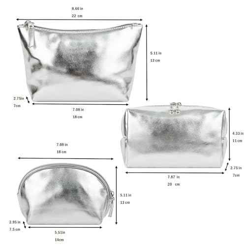 3pcs Make up Bag Set Travel Makeup Bags for Women Leather Cosmetic Bag Toiletry Organizer Bag Personalized Makeup Pouch Skincare Bag Silver