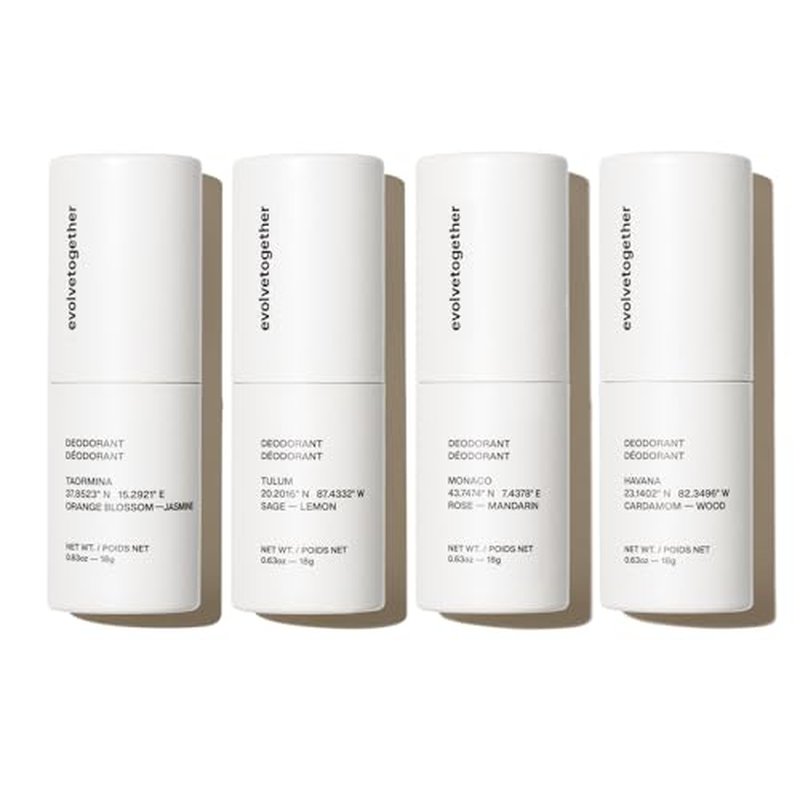 evolvetogether Aluminum Free Natural Deodorant for Women & Men | 4 Pack Travel Set | Neutralizes Odors, Soothes Skin | Vegan, Cruelty-Free, Baking Soda Free | Made in USA (Discovery)