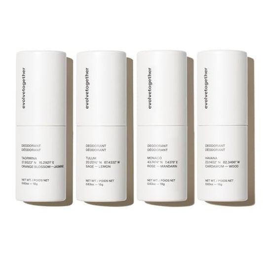evolvetogether Aluminum Free Natural Deodorant for Women & Men | 4 Pack Travel Set | Neutralizes Odors, Soothes Skin | Vegan, Cruelty-Free, Baking Soda Free | Made in USA (Discovery)