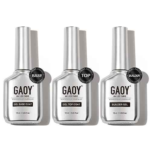 GAOY Gel Top Coat, Builder Gel and Base Coat Set, 3 Pcs 16ml Clear Glossy No Wipe Combination for UV Light Cure