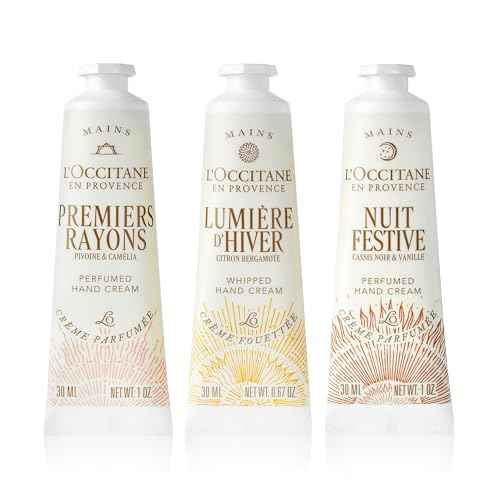 L'OCCITANE Glow & Go Hand Cream Trio: Gift Holiday Hand Creams Featuring notes of Peony, zesty Lemon, & creamy Vanilla.