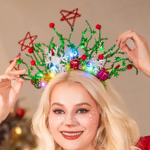CASDRE Christmas Light up Headband Green Red Snowflake Hair Hoop Xmas Gift Sparkly Hair Accessories for Women and Girls