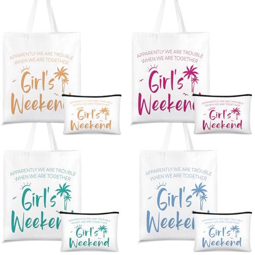 Paterr 8 Pcs Girls Weekend Gifts Includes 4 Makeup Bag Girls Trip Gifts 4 Weekend Tote Bag Travel Favors for Women Summer Cosmetic Zipper Pouch Wedding Birthday Bachelorette Party (Classic Color)