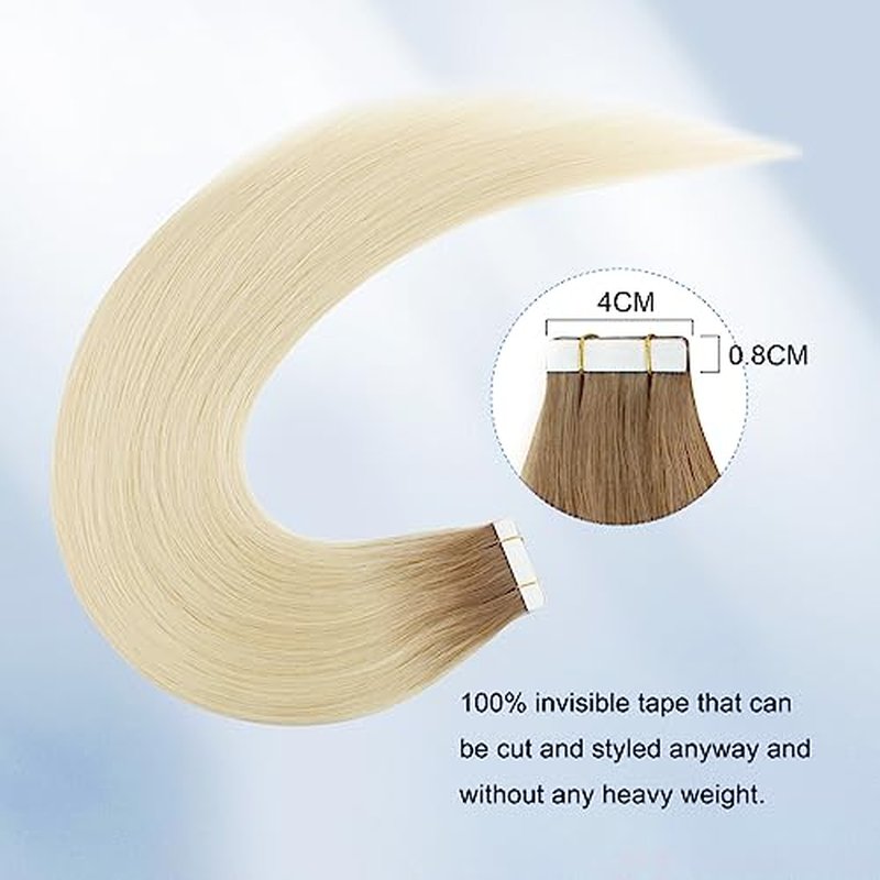 Sixstarhair Rooted Blonde Tape In Hair Extensions Human Hair Medium Brown Fading to Platinum Blonde Remy Hair Beautiful Hair for Women [Color R6-60#-16 inch]