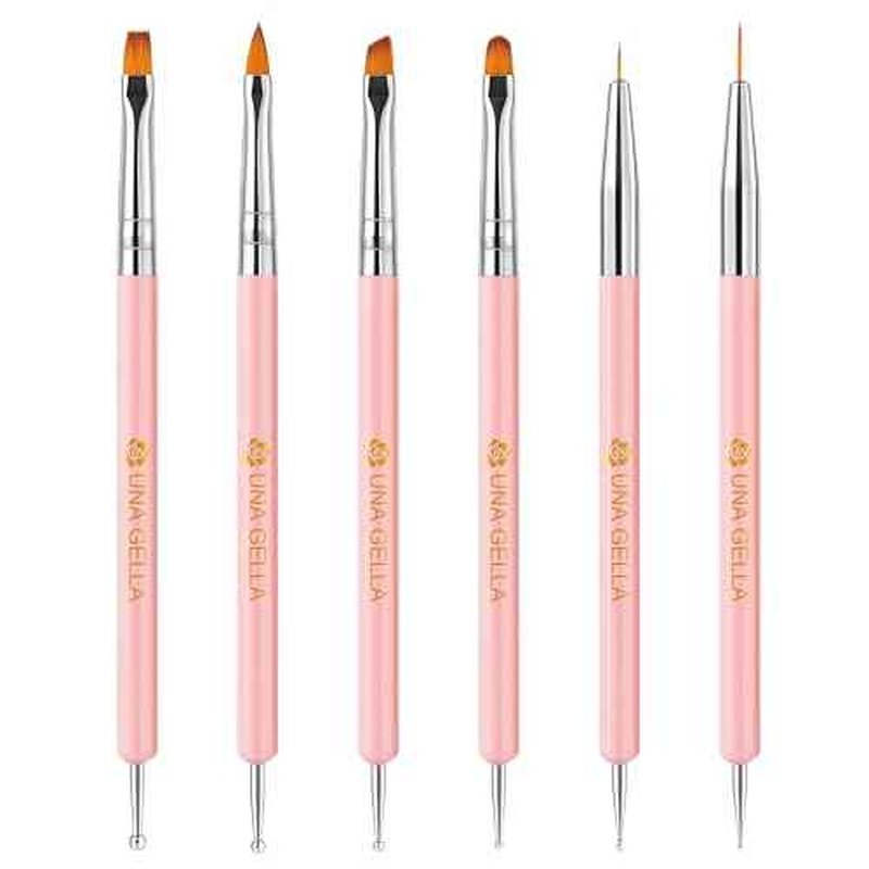 UNA GELLA Nail Art Brushes Set 6PCS Pink Color Double-ended Nail Design Dotting Tools Nail Art Gel Polish Brushes for Gel Polish Lines, Nail Drawing Pen DIY Nail Art Supplies