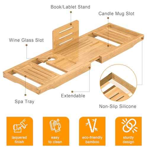 Bathtub Tray Caddy,Premium Bamboo Expandable Bath Tub Trays Table, Foldable Bathroom Accessories,Great House Warming, Anniversary and Birthday Gifts,Natural