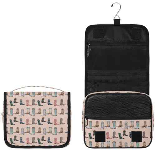 Travel Toiletry Bag for Women Men with Hanging Hook Pink Retro Western Print Cowboy Pattern Makeup Cosmetic Bag Organizer Travel Bag for Toiletries Essentials Accessories, Large Size